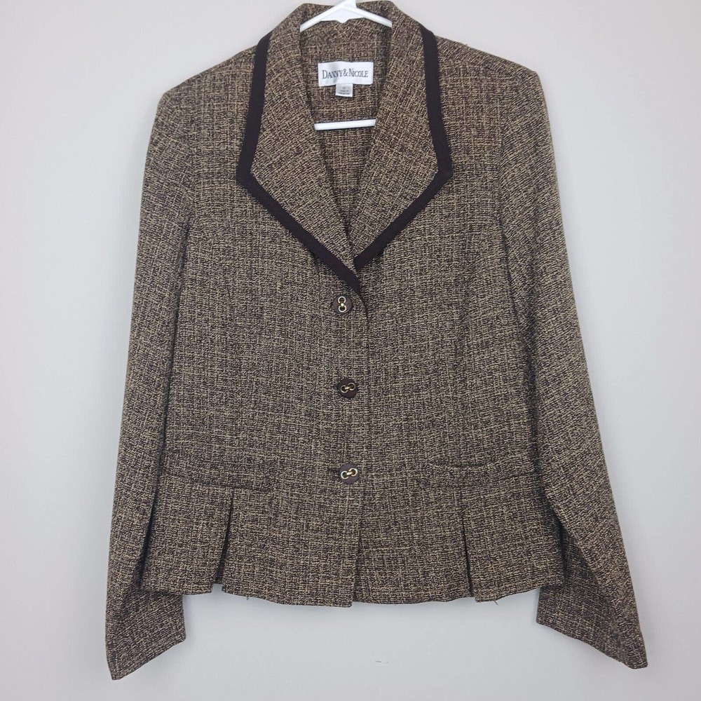 Women’s Size 12 Brown White Blazer Button Jacket Danny & Nicole Pleated